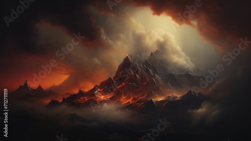 A mountain peak surrounded by swirling clouds at sunrise, with the first light of the day creating a surreal and dreamlike atmosphere -Generative Ai 