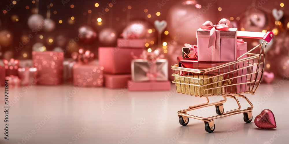 Generative AI, golden and pink shopping cart with many gift boxes on pink background, Valentine day concept, discount and sale.	
