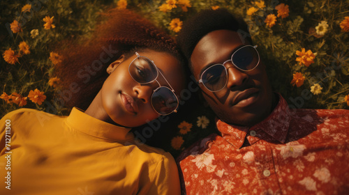 Happy black couple in glasses lying on the grass, top view