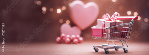 Generative AI, golden and pink shopping cart with many gift boxes on pink background, Valentine day concept, discount and sale.	
 photo