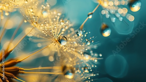 close-up of a dandelion seed with golden water droplets
