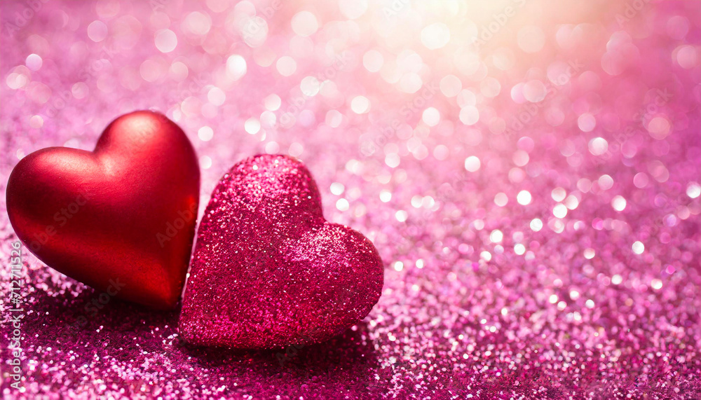 Fototapeta premium Two Hearts On Pink Glitter In Shiny Background - Valentine's Day Concept