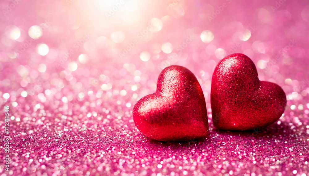 Two Hearts On Pink Glitter In Shiny Background - Valentine's Day Concept Two Hearts On Pink Glitter In Shiny Background - Valentine's Day Concept