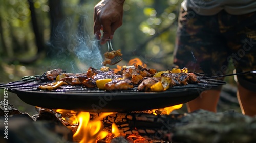An image of a man grilling meals in the woodland up close