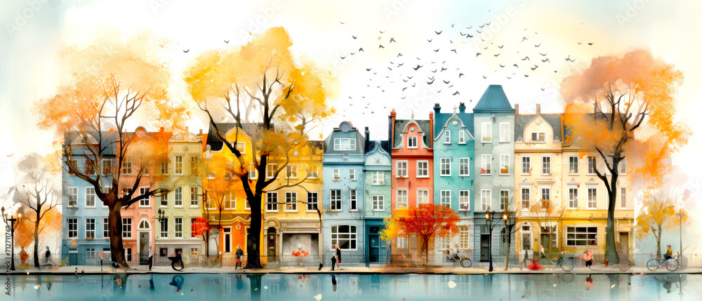 street the facade of old bright color houses watercolor illustration style.