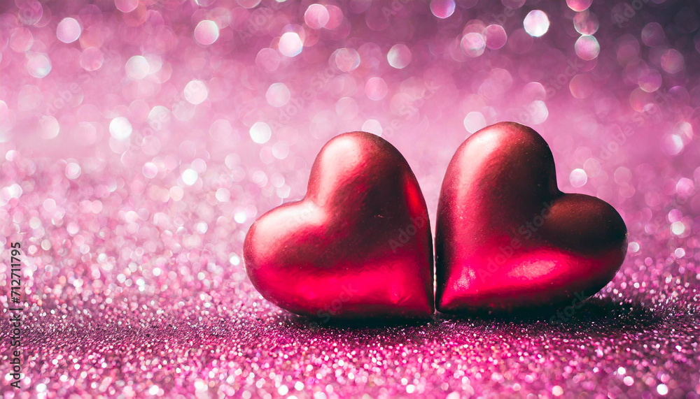 Obraz premium Two Hearts On Pink Glitter In Shiny Background - Valentine's Day Concept