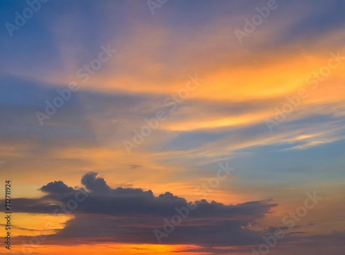 Sunrise on the sky, view from an airplane. Travel background/wallpaper with orange clouds and copy space.