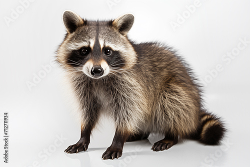 Raccoon on white background, looking at the camera .