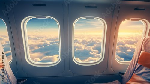 realistic photo , View looking through an airplane window ,airplane wing and clouds seen through plane windows , Generate AI © VinaAmeliaGRPHIC