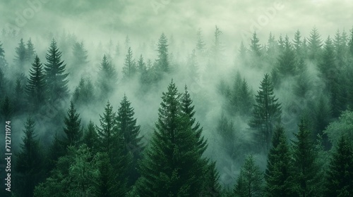 Misty Forest Landscape With Dense Fog and