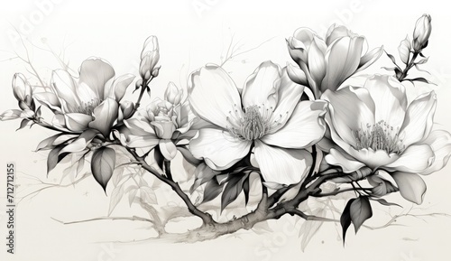 A beautiful monochrome illustration of a magnolia flower  perfect for various design projects