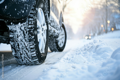 Car on snow road. Closeup of winter tires on snowy highway road