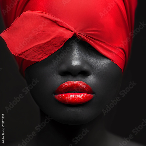 Woman with red head wrap and red lipstick.A stylish woman exudes confidence with her bold red lipstick and matching head wrap, making a statement with her fashion choices