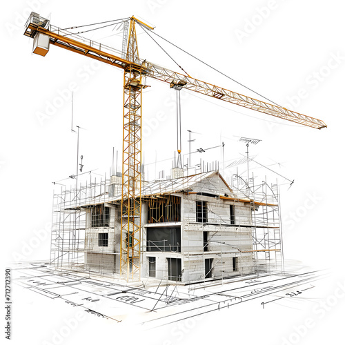 Construction site with blueprints isolated on white background, sketch, png
 photo