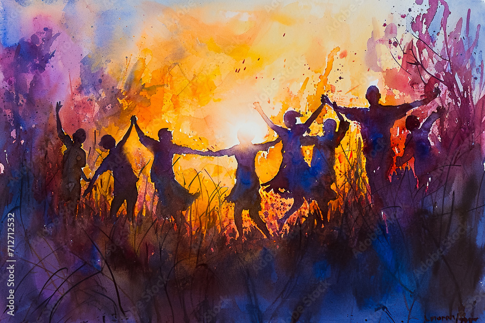 lovely watercolor painting of a group of people dancing