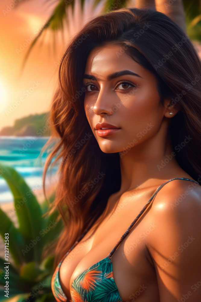 A beautiful woman in a bikini stands on a beach with the ocean and palm trees in the background. The sun is setting and the sky is painted in warm colors. A beautiful woman in a bikini stands on a beach with the ocean and palm trees in the background. The sun is setting and the sky is painted in warm colors.
