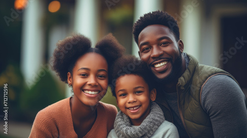 Happy black family on blurred background of living room
