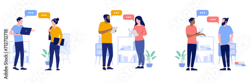 People talking collection - Set of illustrations with businesspeople having conversation and dialogue about business and work. Flat design vectors with white background