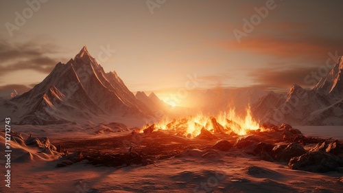 A mountainous landscape during a fiery sunrise, with the sun casting a warm orange glow on the snow-capped summits -Generative Ai 
