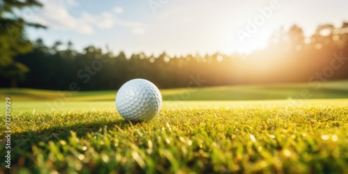 Golf ball on green grass of golf course at a sunny day