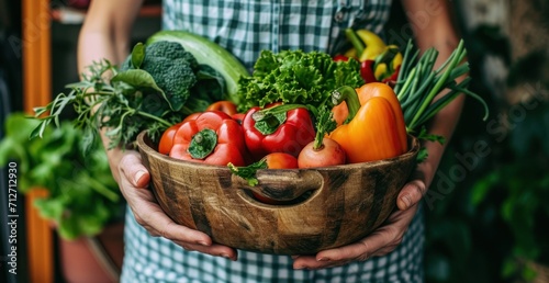 a woman has a wooden bowl filled up with fresh vegetables