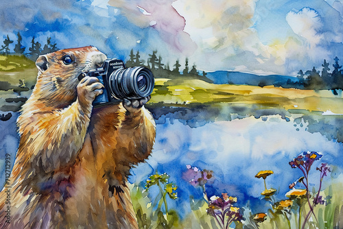delightful watercolor painting of a groundhog holding a camera, with a beautiful landscape in the background