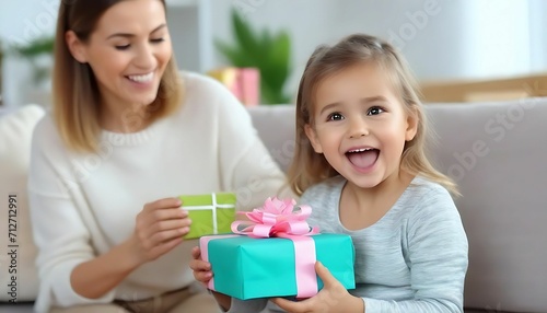 mother and child with gift boxes