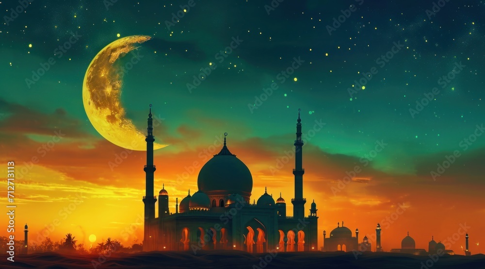 a mosque sitting under a moon that offers a view of the sunset