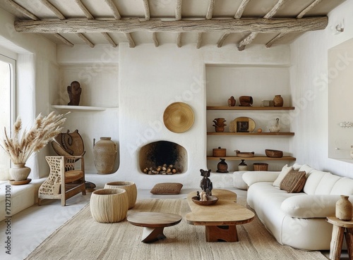 a living room with a natural stone fireplace in a white living room