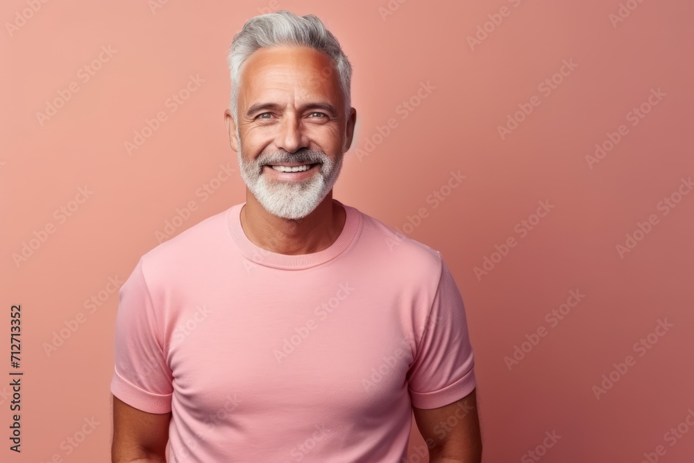 Portrait of a happy senior man in a pink t-shirt. Portrait of a happy senior man in a pink t-shirt.