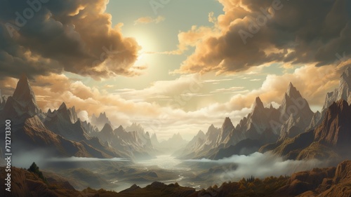 A mountainous panorama at dusk, with the sun dipping below the horizon, painting the sky in warm pastel hues  -Generative Ai
 photo