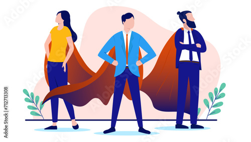 Team of business superheroes - Three businesspeople with cape standing proud and strong together. Flat design vector illustration with white background