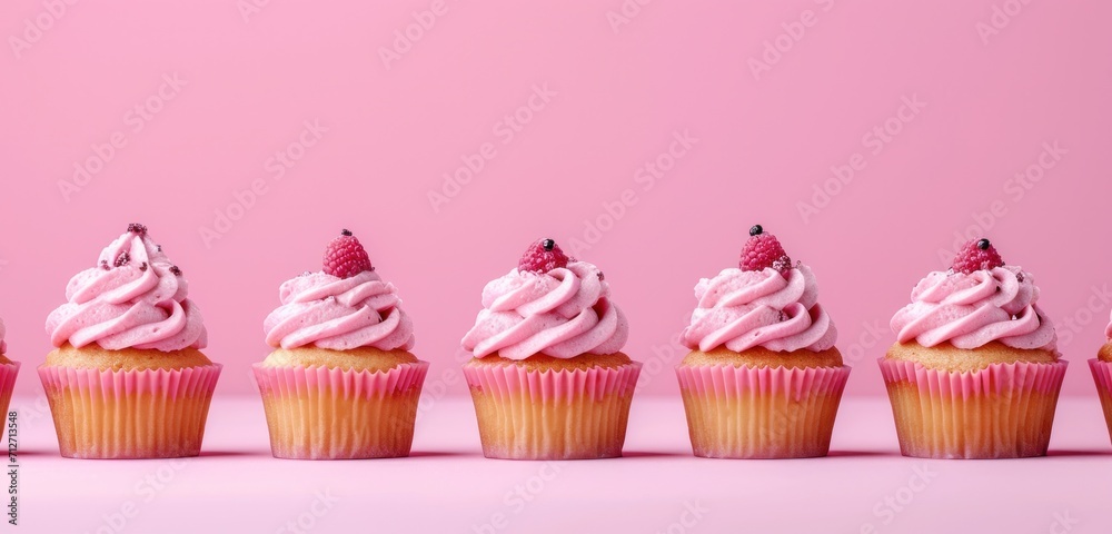 a row of pink cupcakes on a pink background a row of pink cupcakes on a pink background