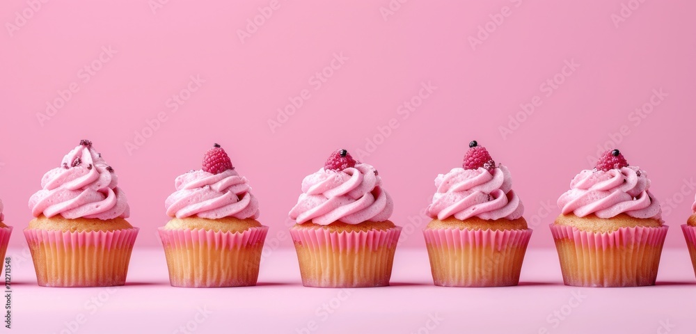 a row of pink cupcakes on a pink background