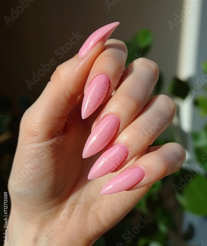 a hand with pink manicured nails