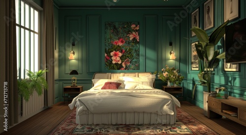 a room boasting green walls, white linen bed and floral prints