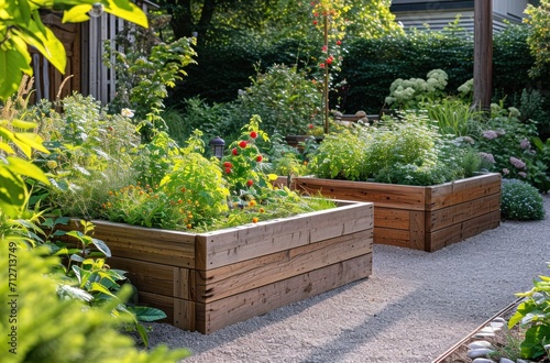 a raised bed garden with two wooden boxes in the middle