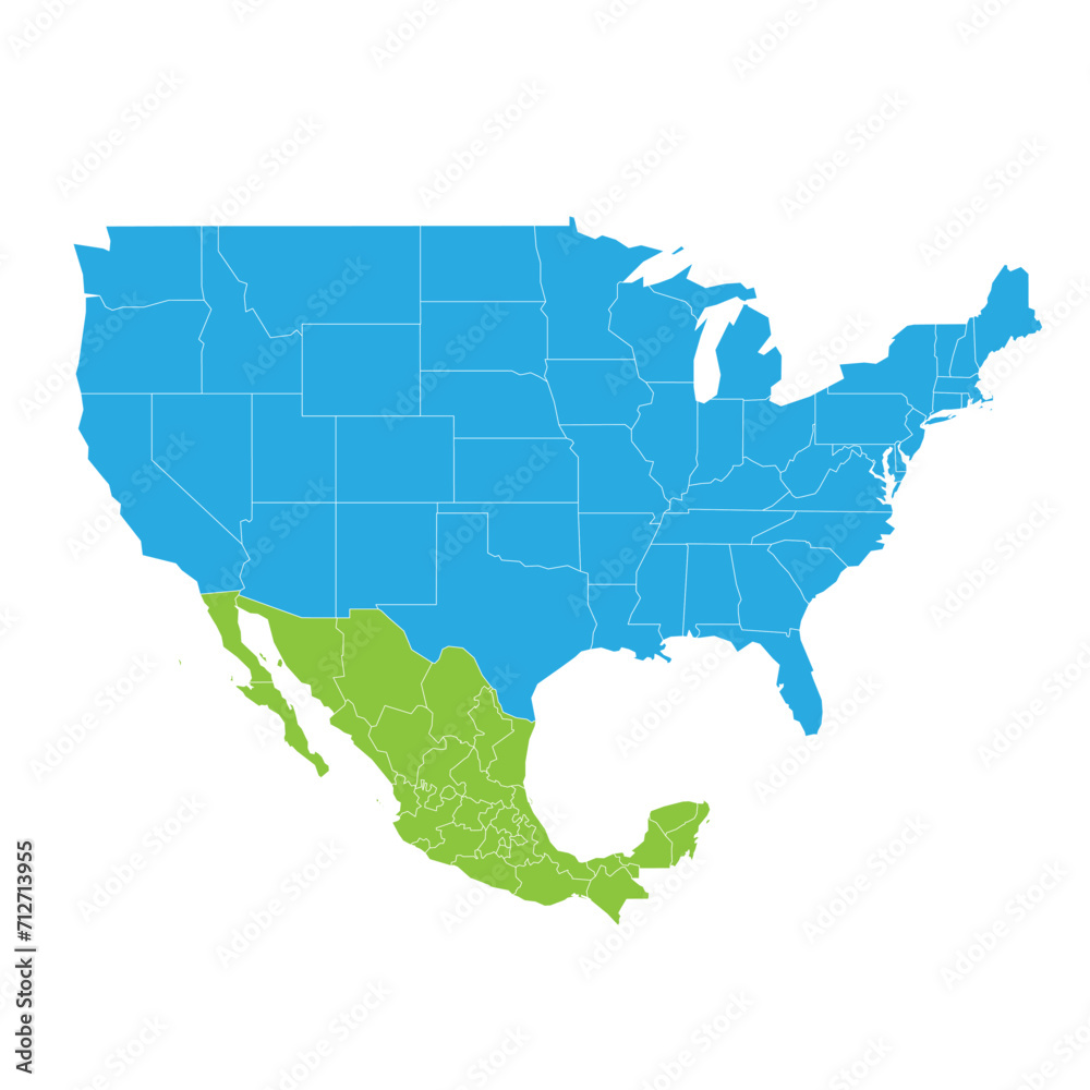 United States and Mexico political map of administrative divisions. Blank vector map