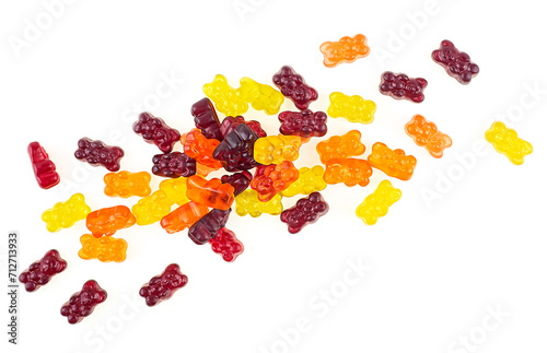 Colorful eat gummy bears isolated on a white background, view from above. Jelly candy.