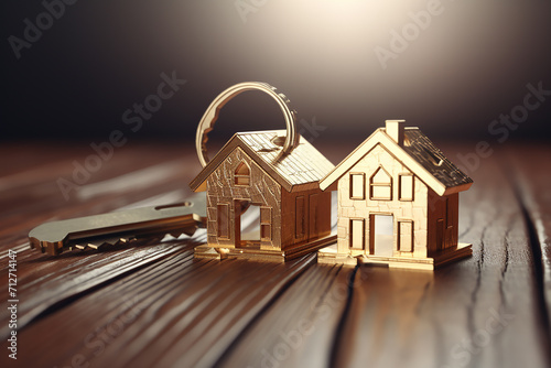 Real estate concept. Keys with house model on dark wooden background. photo