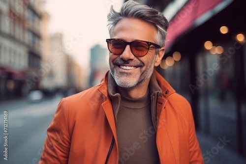 Portrait of a handsome middle-aged man wearing sunglasses and coat.
