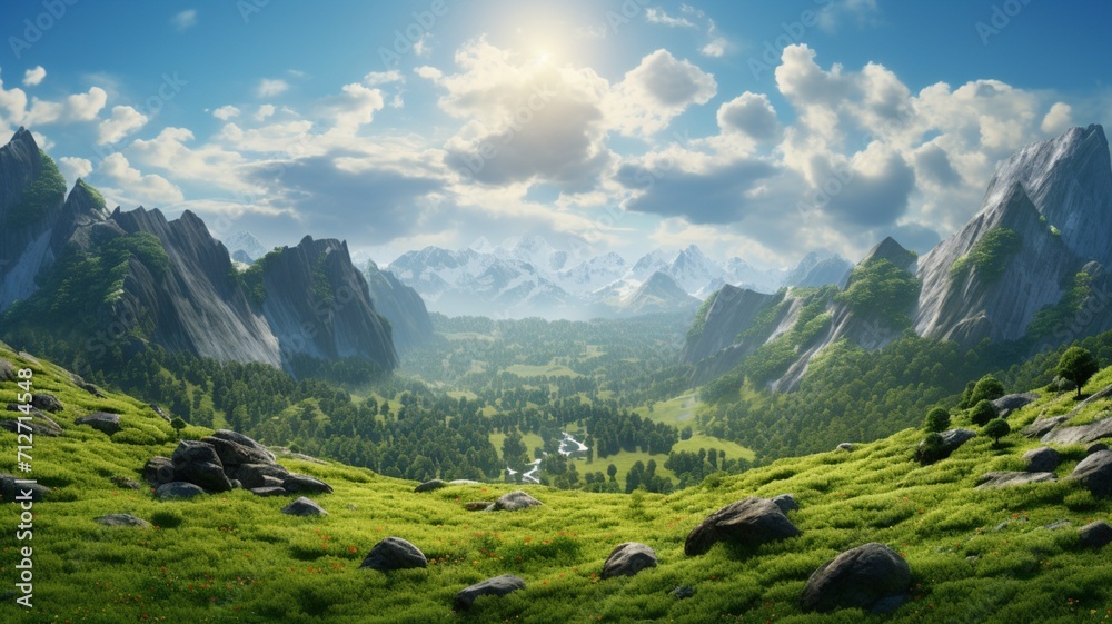 A mountainous valley at midday, with the sun high in the sky and illuminating the lush greenery and rocky slopes  -Generative Ai
