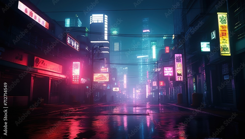 futuristic city street with neon lights and rain