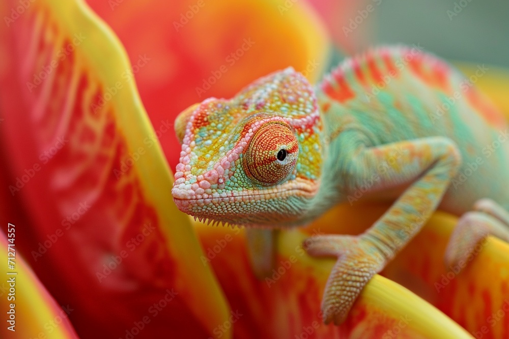 A tiny chameleon blending seamlessly with the vibrant colors of a