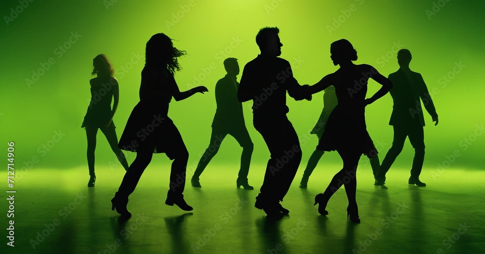 Silhouette of people dancing on a dance floor on a green background. Party concept for St. Patrick's Day, Birthday, Poster, Postcard