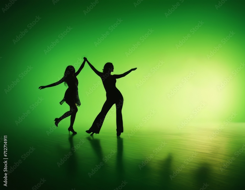 Silhouette of people dancing on a dance floor on a green background. Party concept for St. Patrick's Day, Birthday, Poster, Postcard