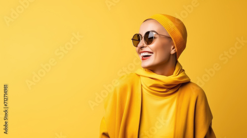 Happy emotional black bald girl in yellow clothes on a yellow background