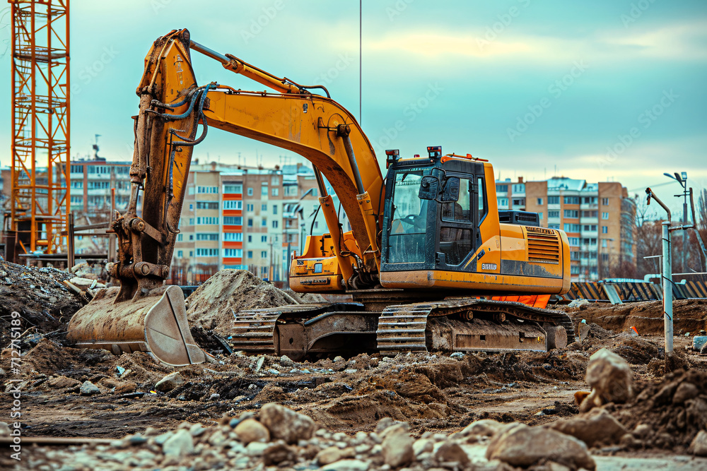 Excavator working on a construction site. Heavy duty construction equipment. Excavator working on a construction site. Heavy duty construction equipment.