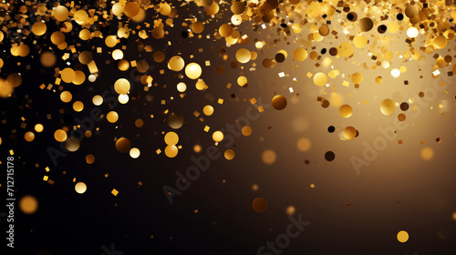 Festive gradient dark background with round flying glowing confetti, bokeh and bright particles. Illustration for greeting card, carnival, holiday, celebration. Copy space.