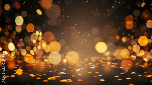 Festive gradient dark background with round flying glowing confetti, bokeh and bright particles. Illustration for greeting card, carnival, holiday, celebration. Copy space.